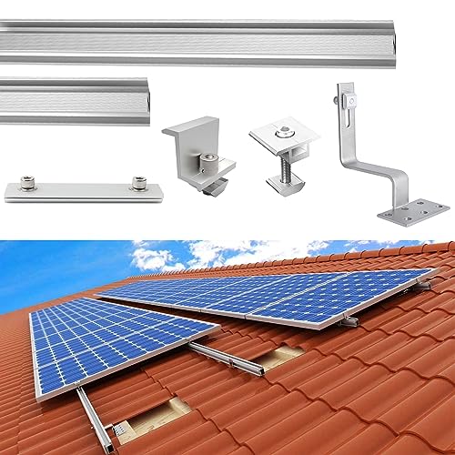 TEOV 1450mm Montageschiene PV Montageset Ziegeldach, Befestigung Solarmodul Halterung mit Dachhaken, Solarpanel Halterung mit Endklemme Und Mittelklemme 30mm, für bis 1134mm Breite 2 x Solarmodule von TEOV