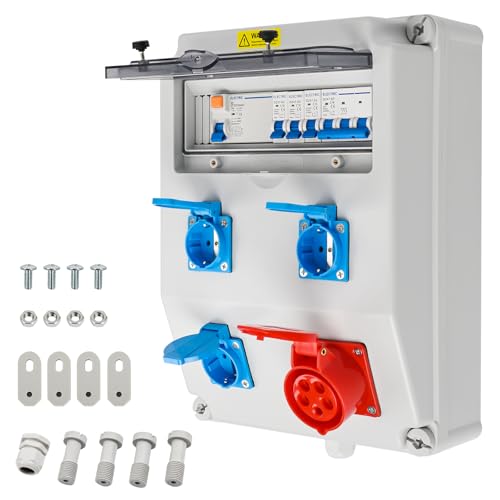 TEOV Baustromverteiler Wandverteiler mit 1P/3P C16A Leitungsschutzschalter und 4P 25A FI, IP44 CEE und Schuko-Steckdose 16A Wandverteiler Stromverteiler für Innen und Außen von TEOV