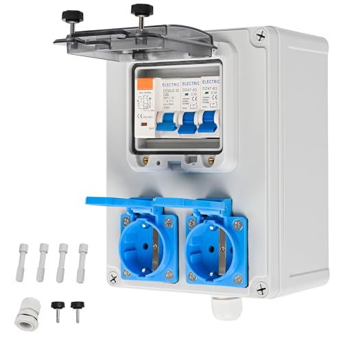 TEOV Baustromverteiler Wandverteiler mit 1P C16A Leitungsschutzschalter und 2P 25A FI, IP44 2x Schuko-Steckdose 230V Wandverteiler Stromverteiler für Innen und Außen von TEOV