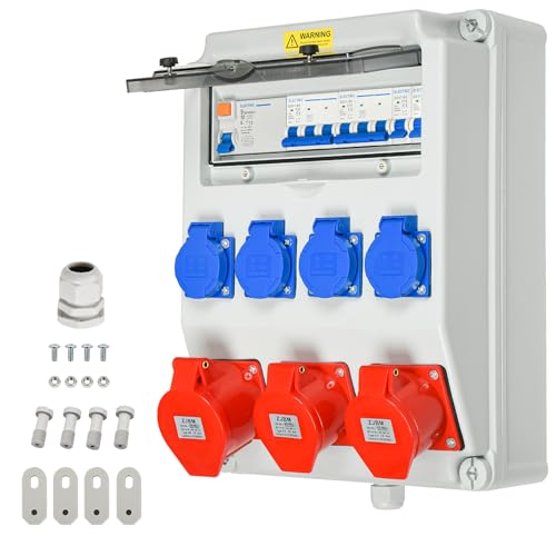 TEOV Baustromverteiler Wandverteiler mit LS Schalter und FI Schalter, IP44 2x CEE 16A 5P +1x CEE 32A+ 4x 230V Schuko Steckdose Wandverteiler Stromverteiler für Innen und Außen von TEOV