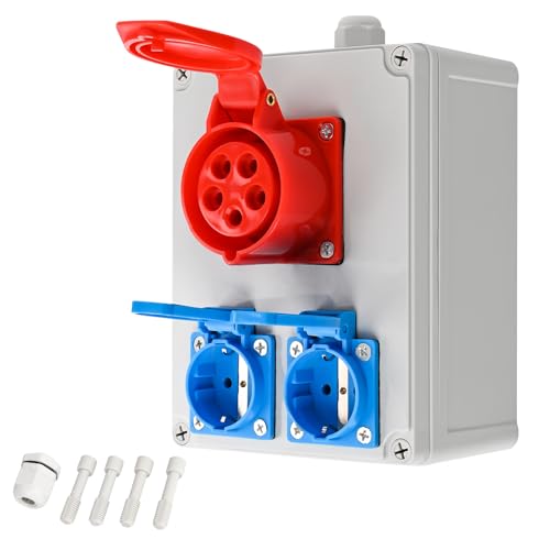 TEOV Kombi Wandsteckdose, CEE-Steckdose 5 polig 16A 400V + 2x Schuko-Steckdose 220V, IP44 Wandsteckdose mit Abdeckung von TEOV