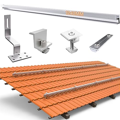 TEOV PV Montageset Ziegeldach, Befestigung Solarmodul Halterung mit 1240mm Montageschiene und Dachhaken, Solarpanel Halterung mit Endklemme Und Mittelklemme 30mm, für 2 Solarmodule von TEOV