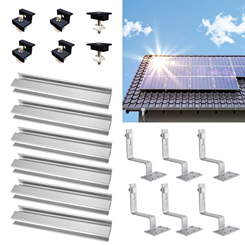 TEOV PV Montageset Ziegeldach Glasziegeldach, Befestigung Solarmodul Halterung mit 30cm Montageschiene und Dachhaken, Solarpanel Halterung mit Endklemme Und Mittelklemme, für 30~35mm 2 Solarmodule von TEOV