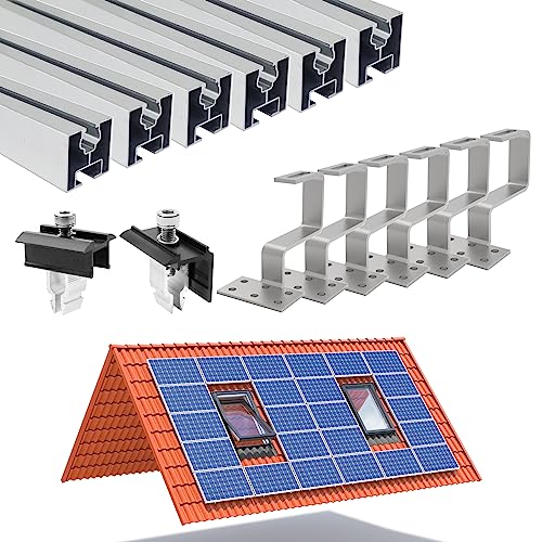 TEOV PV Montageset Ziegeldach Glasziegeldach, Befestigung Solarmodul Halterung mit 35cm Montageschiene und Dachhaken, Solarpanel Halterung mit Endklemme Und Mittelklemme, für 30~50mm 2 Solarmodule von TEOV