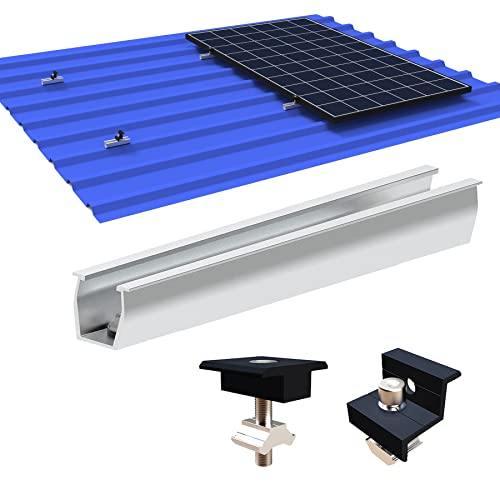 TEOV Solarmodul Alu Halterung, Montageschiene Solarmodule Panel Befestigungsschiene Trapezblech Dachhalterung, Profil 20CM Schiene Mittelklemme Endklemme Schwarz 30-35MM Befestigungs-Set for 2 PV von TEOV