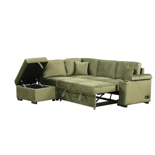 TEOYETTSF 222 cm Schlafsofa, 2-in-1 ausziehbares Schlafsofa, L-Form, Couch mit Stauraum, Ottomane für Wohnzimmer, Schlafzimmer, Grün von TEOYETTSF