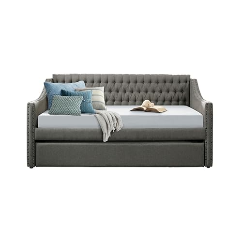 TEOYETTSF Dunkelgrauer Stoff, gepolstert, 1 x Schlafsofa, mit Ausziehbett, Knopfleiste, Nagelkopfbesatz, Tagesbett von TEOYETTSF