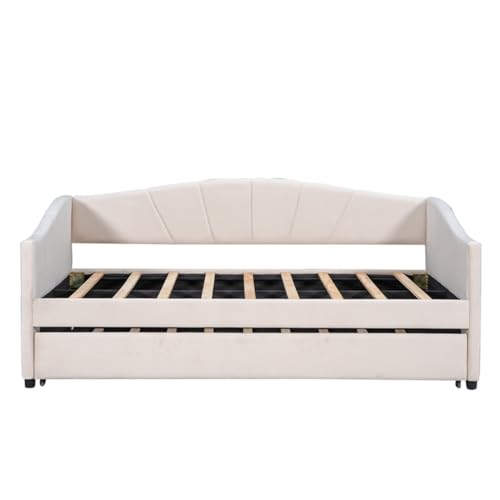 TEOYETTSF Gepolstertes Tagesbett, Schlafsofa, Doppelbett, mit Ausziehbett und Holzlatten, Beige von TEOYETTSF