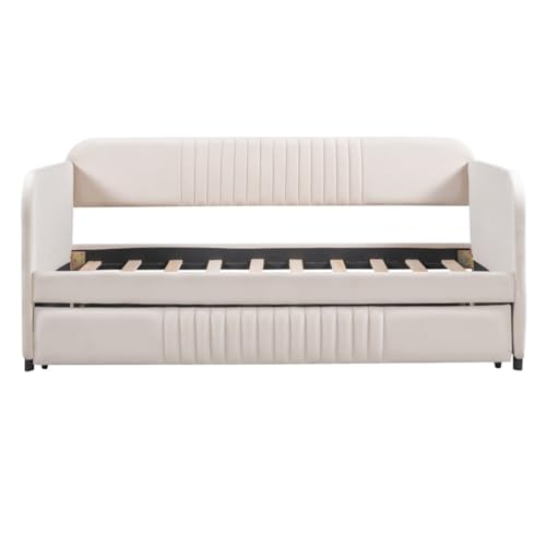 TEOYETTSF Gepolstertes Tagesbett, Schlafsofa, Doppelbett, mit Ausziehbett und Holzlatten, Beige von TEOYETTSF