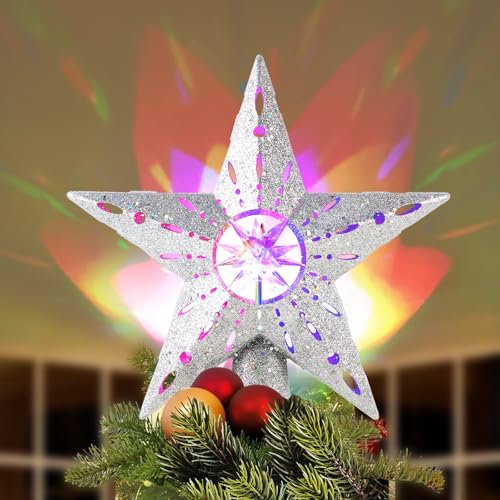 TEPENAR Weihnachtsbaumspitze Stern - Christbaumspitze mit eingebauten LED drehenden Lichtern und Scroll Design, 3D Glitzer-Dynamik-Projektion für Weihnachtsbaumdeko, Schlafzimmerdeko -Silber von TEPENAR