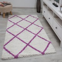 Hochflor Teppich Wohnzimmer Shaggy weich modern Rauten Muster Grau Anthrazit Creme Schwarz Rot Lila Beige,Lila, 160x220 cm von TEPPICH HOME