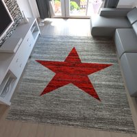 Moderner Kurzflor Teppich, Sternmuster in Rot Beige oder Schwarz Grau Heatset - 9121V,Rot, 60x100 cm von TEPPICH HOME