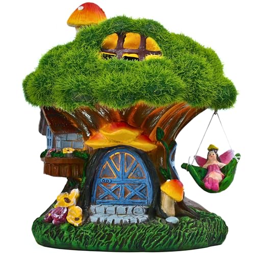 TERESA'S COLLECTIONS Gartendeko für Draußen Feengarten Haus Solarleuchte Feenhaus Gartenfigur aus Kunstharz Wasserfest Fairy House Elfenhaus Herbst Dekoration Grün 13cm von TERESA'S COLLECTIONS