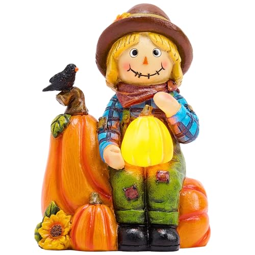 TERESA'S COLLECTIONS Herbstdeko Outdoor,Gartendeko für Draußen, Vogelscheuche Wetterfest Figur, Herbst Dekoration mit Solarleuchte,Vogelscheuche mit LED Kürbis Solar,Geschenke für Frauen 16cm von TERESA'S COLLECTIONS