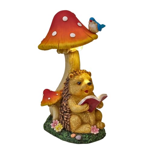 TERESA'S COLLECTIONS Gartendeko für Draußen Igel Gartenfigur mit Pilz Feengarten Figur Solar Gartenleuchte aus Kunstharz Wasserdicht Herbstdeko Gartendeko Terasse Hof Geschenke für Frauen 17cm von TERESA'S COLLECTIONS