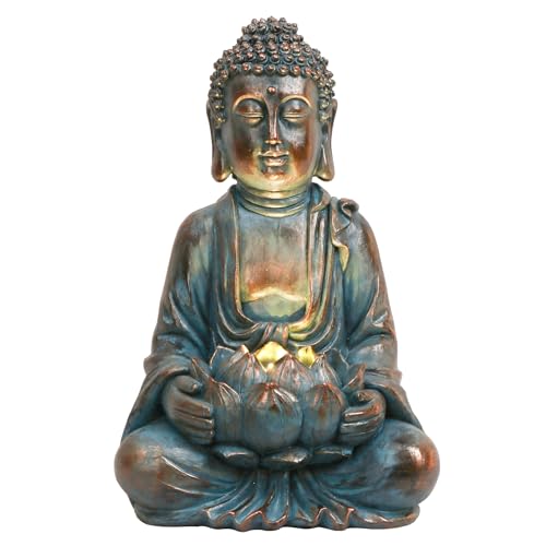 TERESA'S COLLECTIONS Gartendeko für draußen,Buddha Figur Garten Solarleuchte Harz sitzende Budda Statue Gartenfigur Frostfest Wetterfest,Gartendeko für Balkon Neujahrsgeschenk 26cm von TERESA'S COLLECTIONS