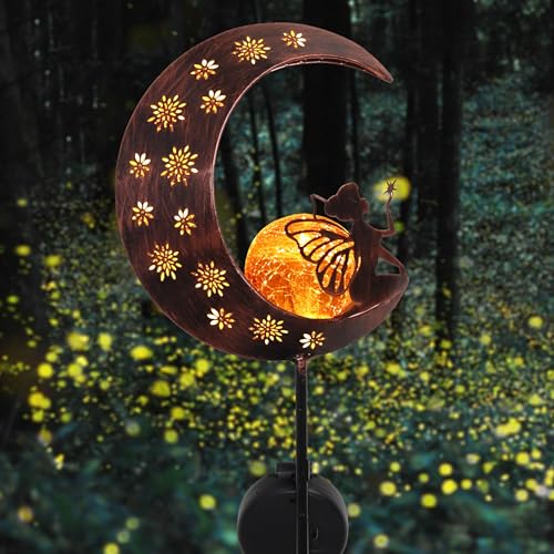 TERESA'S COLLECTIONS Solarlampen für Außen,Gartendeko für draußen Groß Metall Mond Solarleuchte Glaskugel wasserdichte Wegeleuchte mit Blumenfee und Erdspieß,100CM von TERESA'S COLLECTIONS