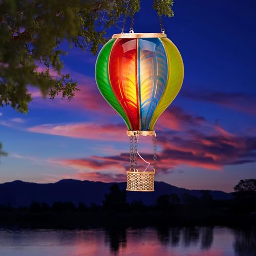 TERESA'S COLLECTIONS LED Solar Laterne Heißluftballon,Gartendeko für draußen,Solarlaterne für außen, Solarlampe zum Aufhängen,Dekorativer Flammeneffekt, Regenbogen Ballon Solarleuchte von TERESA'S COLLECTIONS