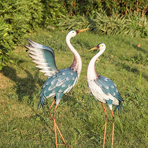 TERESA'S COLLECTIONS Gartendeko für draußen, Große Blaue Fischreiher Metall Gartenfiguren 2er Set 73.6/68.5cm, Reiher Teichfigure Vogelabwehr Dekofiguren für Fischteich,Geschenke für Frauen von TERESA'S COLLECTIONS