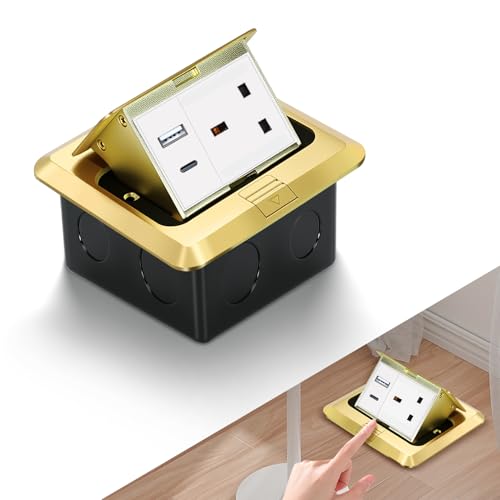Pop Up Bodensteckdose mit wasserdichter Abdeckung, Einbautischsteckdose für Büro, Küche, Restaurant, anpassbar mit 2 USB/USB-C/RJ45/Leere Anschlüsse (USB-A+USB-C, Golden) von TERIUX-S