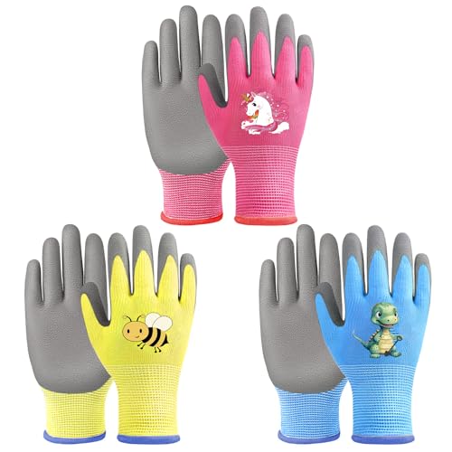 TERJBG 3 Paar Gartenhandschuhe Kinder für 5-7 Jahre, Wasserabweisende Anti-Rutsch Latex Arbeitshandschuhe Kinder, Rosa & Gelb & Blau Gartenhandschuhe Kinder für Mädchen und Jungen von TERJBG