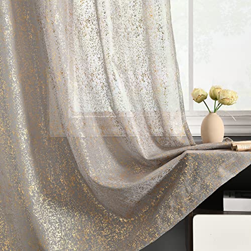 TELRYTEX Goldgraue transparente Vorhänge, 274 cm lang, metallische Glitzer-Goldfolie, Sprühpunkte, bedruckt, lichtfilternd, Sichtschutzstabtasche, 132x274 cm, Goldgrau von TERLYTEX