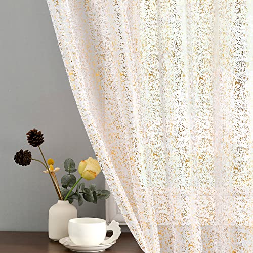 TERLYTEX Durchscheinende Vorhänge, metallic-goldfarben, glitzernd, 244 cm Länge, für Wohnzimmer, Stangendurchzug, Sichtschutz, 2 Schals, je 132 x 244 cm, Gold/Weiß von TERLYTEX