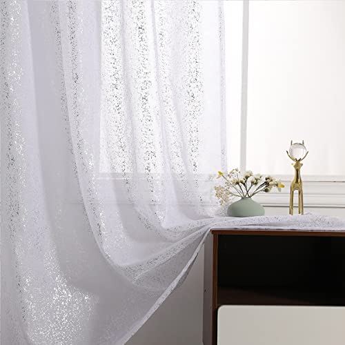 TERLYTEX Durchscheinende Vorhänge in Silber/Weiß, 228 cm lang, für Wohnzimmer, Metallic-Silber, Schimmernde Vorhänge, 2 Schals, lichtfilternd, Sichtschutz, Stangendurchzug, glitzernde Vorhänge, von TERLYTEX
