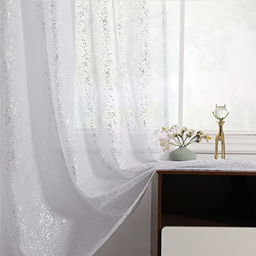 TERLYTEX Silberweiße transparente Vorhänge, 114 cm Länge für Schlafzimmer, Stangentasche, schicke metallische Silberfolien-Punkte, glitzernd, glänzend, durchscheinend, 132x114 cm, Weiß/Silber von TERLYTEX