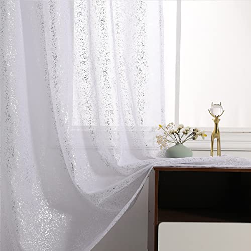 TERLYTEX Weiße silberne Vorhänge für Schlafzimmer – schicke metallische Silberfolie glitzernde weiße Vorhänge 244 cm Länge, glitzernde weiße Vorhänge, schimmernde Fensterpaneele, 2 Stück, Weiß von TERLYTEX