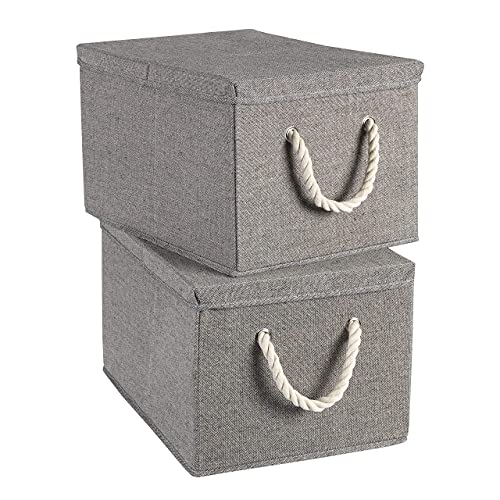 TERRA SELL Hochwertige Aufbewahrungsbox mit Deckel aus Stoff zum Falten mit weißen Seilgriffen, Kordelgriffen/Ordnungsbox/Sortierbox/Faltboxen im 2er-Set 40x30x25 cm (Grau) von TERRA SELL