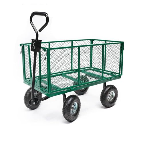 TERRE JARDIN Gartenwagen mit 4 Rädern 300 Kg - XXL-Mulde 200 L - Faltbarer Stahlwagen - Transportplattformfunktion - Anhängerwagen mit Anhängerkupplung Rasenmähertraktor - Luftreifen mit Profil 27 cm von TERRE JARDIN