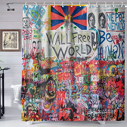 TERSUM Hippie Doodle Wand-Duschvorhang, Rockband, Liebe und Frieden, Graffiti-Kunst, Hippie-Duschvorhang für Badezimmer, Stoff mit 12 Haken, maschinenwaschbar, Dekoration, 183 x 183 cm, YLZZTE58 von TERSUM