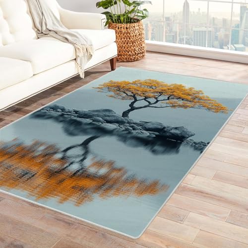 TERUEA 3D Bedruckter Teppich EIN Baum mit gelben Blüten Steht auf der Wasseroberfläche, Teppiche rutschfest 3D Bodenmatte für Esszimmer Zuhause Schlafzimmer Zimmer Dekor(Gelb)-180x270cm von TERUEA