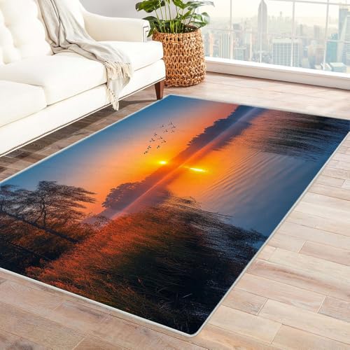 TERUEA 3D Bedruckter Teppich Wilde Gräser und Vögel auf dem See Badematte Rutschfester BadezimmerTeppiche BadTeppiche, Garnieren Sie die Stimmung(Orange Brennen)-150x210cm von TERUEA