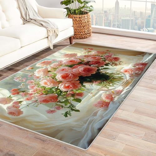 TERUEA 3D Buntes Teppich EIN Rosenstrauß in Einer unordentlichen Vase Teppiche Wohnzimmer 3D Große Fläche Teppiche Teenagerer Schlafzimmer Dekor Anti-Rutsch-Bodenmatte.(Hellrosa)-150x210cm von TERUEA