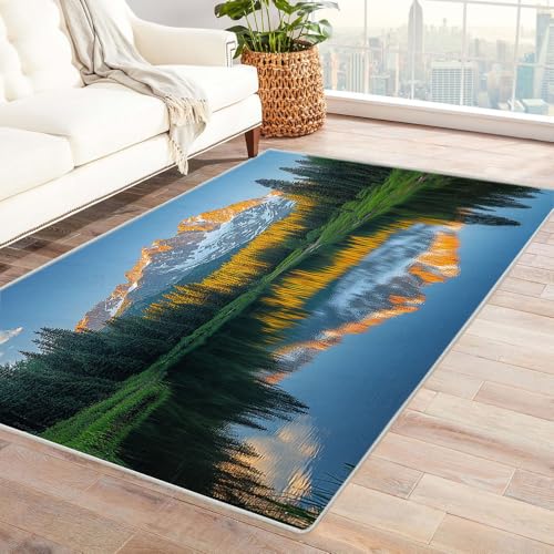 TERUEA 3D-Illusionsteppich, rutschfest Schneebedeckte Berge spiegeln Sich auf der Oberfläche des Sees Badematte Rutschfester BadezimmerTeppiche, Garnieren Sie die Stimmung(Grün)-150x210cm von TERUEA