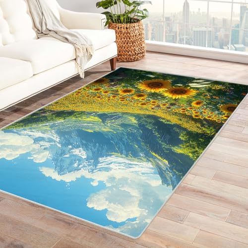 TERUEA 3D Muster Buntes Druck EIN weites Sonnenblumenfeld, umgeben von Bergen in der Ferne, Lumpen- Unverzichtbare Fußmatte Für Teenager, Geeignet Schlafzimmer E-Sport Zimmer Gaming (Gelb)-150x240cm von TERUEA