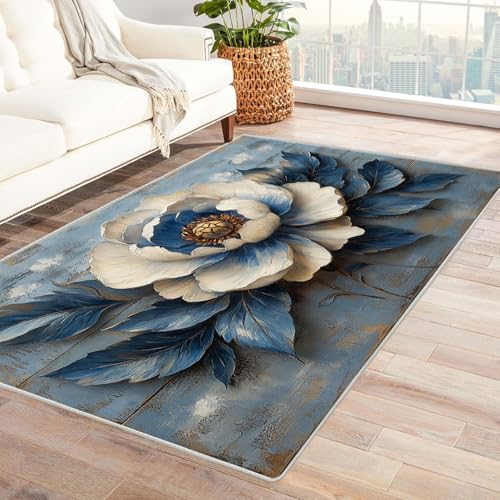 TERUEA 3D Rechteck Bereich Teppich Eine anmutige Blume Junge Geschenk MäDchen Teenager Schlafzimmer, Rug Wohnzimmer Carpet Farbe Anti-Rutsch(Blau-Weiß)-90x150cm von TERUEA