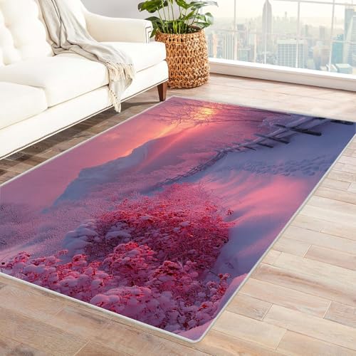 TERUEA 3D Style Decorative Carpet, Der rosa Himmel wirft sanften Schein auf den See, 3D Optische Täuschung Teppiche Fußmatte Flanell, Stereo Vision rutschfeste Visuelle Dekoration,(Rosa)-150x210cm von TERUEA
