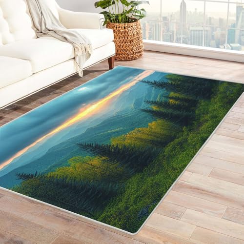 TERUEA 3D Style Decorative Carpet, Grüne Bergkulisse im Frühling Maschinenwaschbarer Teppiche rutschfeste Unterseite Geeignet für Bäder Küchen (grün)-180x270cm von TERUEA
