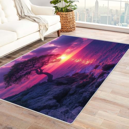 TERUEA 3D Style Decorative Carpet, Lila Himmel und Wasser neben einem einsamen Baum Badematte Rutschfester BadezimmerTeppiche BadTeppiche, Garnieren Sie die Stimmung(Mittleres Fuchsia)-150x180cm von TERUEA