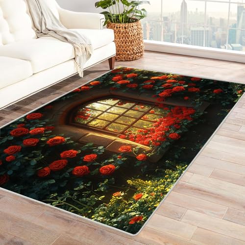 TERUEA 3D Style Decorative Carpet, Rosenmeer am Fenster 3D Optische Täuschung Teppiche Fußmatte Flanell, Stereo Vision rutschfeste Visuelle Dekoration,(Rot)-180x270cm von TERUEA