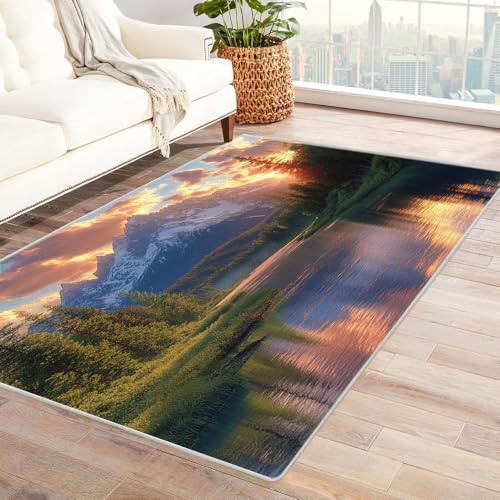 TERUEA 3D Style Decorative Carpet, Schneebedeckte Berge, Wälder, Seen 3D Teppiche Fußmatte Flanell, Stereo Vision rutschfeste Visuelle Dekoration,(Grün)-210x270cm von TERUEA