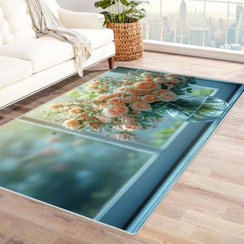 TERUEA 3D Style Teppich Blumen in Einer Vase vor dem Fenster Gaming Teppiche, Unverzichtbare Fußmatte Für Teenager Und Teenagerer Wohnzimmer, Geeignet Für Schlafzimmer E-Sport Zimmer(Rosa)-210x300cm von TERUEA