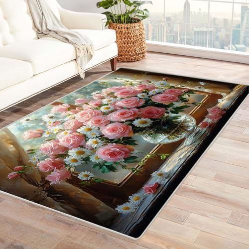 TERUEA 3D Style Teppich EIN großer Rosenstrauß mit Gänseblümchen von vorne Teppiche Rutschfester Weich Carpet Bodenmatte Fußmatte für Jugendzimmer Esszimmer Schlafzimmer(Hellrosa)-210x300cm von TERUEA