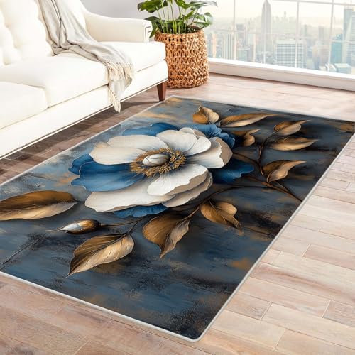 TERUEA 3D Style Teppich Eine anmutige Blume Teppiche Gruselige Falle Visueller Teppiche rutschfeste Fußmatte Wohnzimmer Eingang Bodenmatte(Blau-Weiß)-120x150cm von TERUEA