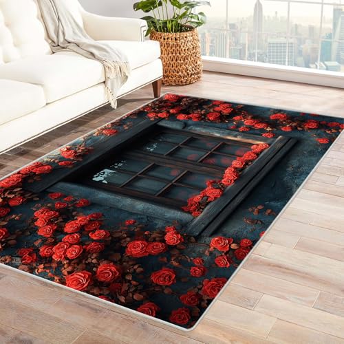 TERUEA 3D Style Teppich Rosenmeer vor dem schwarzen Fenster Waschbarer rutschfest Teppiche für Schlafzimmer Deko Antirutschmatte Carpet(Rot)-210x270cm von TERUEA