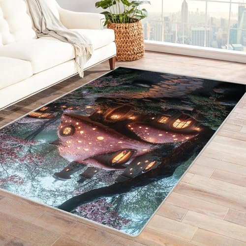 TERUEA 3D Täuschung Teppich EIN eigenartiges rosa Pilzdorf liegt am Fluss. Teppiche Gruselige Falle Visueller Teppiche rutschfeste Fußmatte Wohnzimmer Eingang Bodenmatte(Rosa)-120x150cm von TERUEA