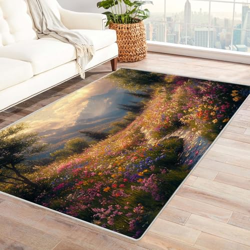 TERUEA 3D Täuschung Teppich Schöne Wildblumenwiese Teppiche Rutschfester Weich Carpet Bodenmatte Fußmatte für Jugendzimmer Esszimmer Schlafzimmer(Dunkelgrün)-150x240cm von TERUEA